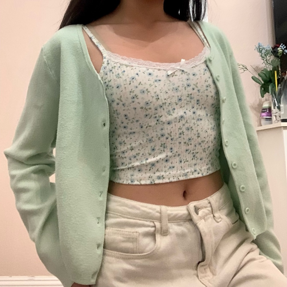 Mint Green Cardigan + Floral Top (optional)